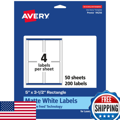 Avery Matte White Rectangle Labels Sure Feed Technology 5x3.5 200 Printable Labe