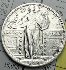 1924 Standing Liberty Quarter Dollar 25c- AU- NiceHigh Grade US 90% Silver