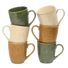Set Of 6 Stoneware Mugs Embossed Botanical Leaf Pattern 390ml Drinks Coffee Cups