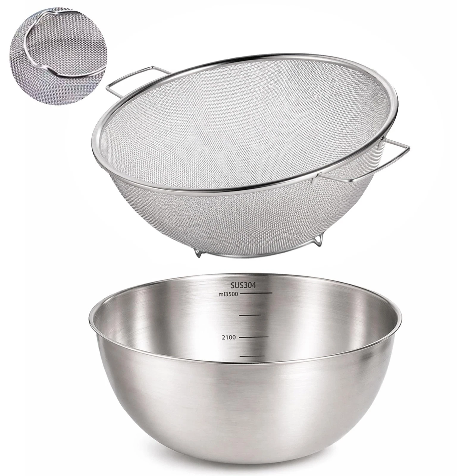 304 Stainless Steel Kitchen Colander Set, 3.5QT Colander with Handle and Bowl...