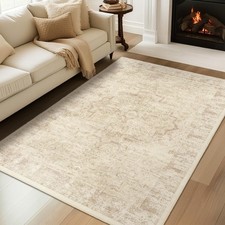 Farmhouse Beige Washable Area Rugs 5x7 for Living Room, Distressed Medallion ...