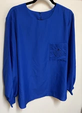 Vintage 90’s Laura Mae Royal Blue Long Sleeve Blouse Embroidered Crest Sz 38/18W