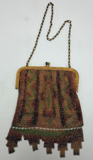 Antique Art Deco Enamel Mesh Purse Flapper Bag Fringe Gold Frame 1920s