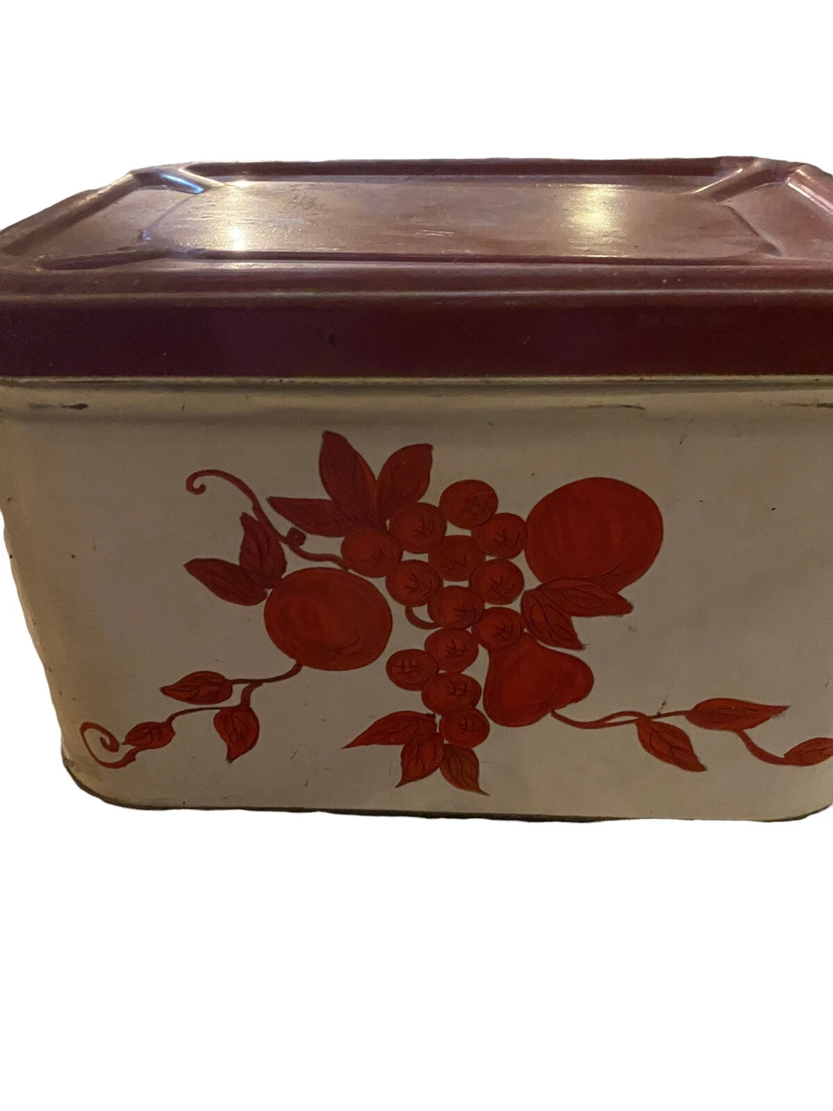 Vintage Red/Cream Metal Tin Bread box large with Fruit kitchen decor
