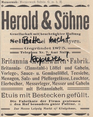 SELBITZ, Werbung 1912, Herold & Söhne GmbH Britannia-Metallwaren-Fabrik