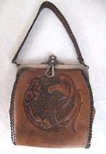 Antique Art Nouveau Hand Tooled Parrot Leather Handbag Purse 1900s