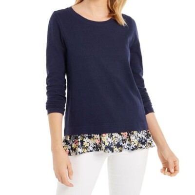 Charter Club Womens Plus 2X Intrepid Blue Floral Print Hem Top NWT CO79