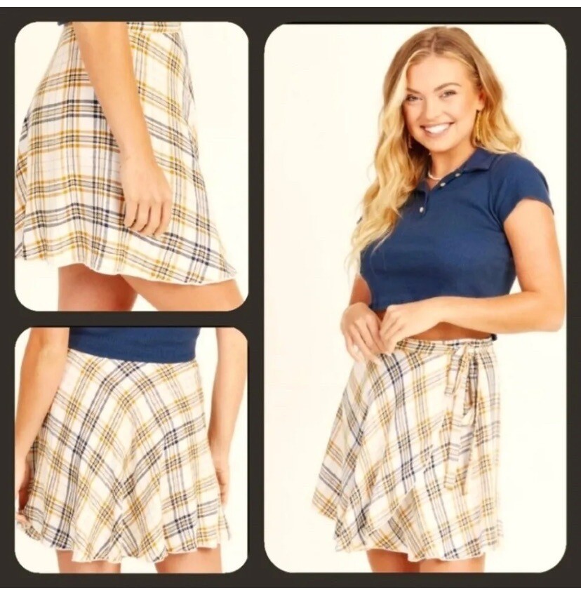 Altar'd State Sz Small Plaid Wrap Skirt Blue Gold Schoolgirl