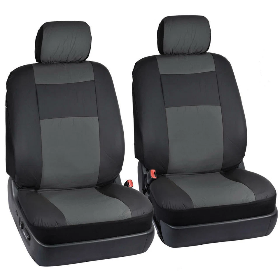 Black & Charcoal Gray Two Tone PU Leather Car Seat Covers 5 Headrests Full Set - Image 2 of 4