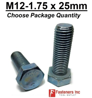 M12-1.75 x 25mm Metric Hex Cap Screws Bolts Zinc Grade Class 10.9 Hardened