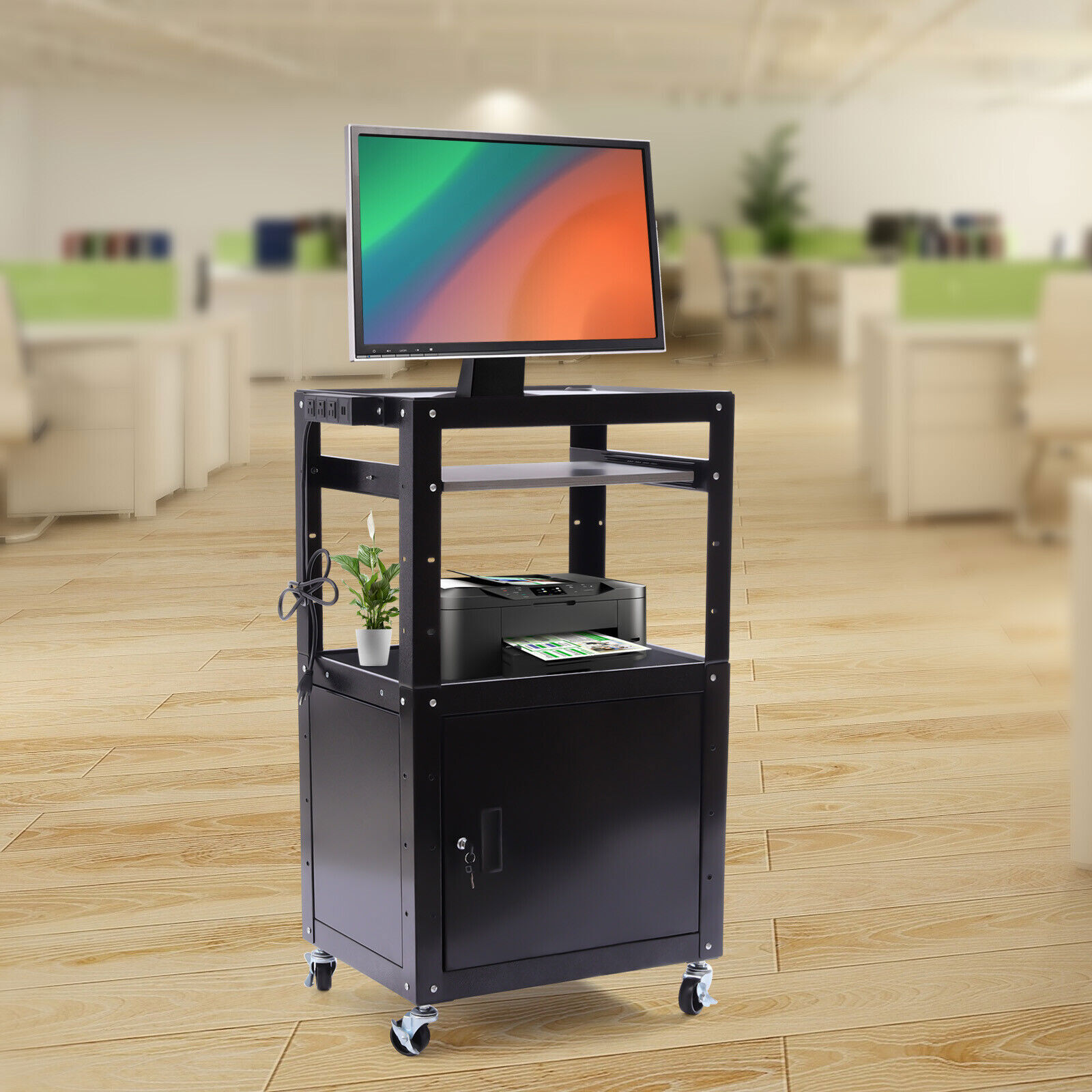 Steel Large AV Cart with Extra Storage Adjustable Height Cart w/ Locking Cabinet