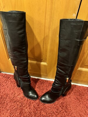 ALDO Knee High Women’s Boots Size Black Gold Trim Buckles Zipper 3”  Heel