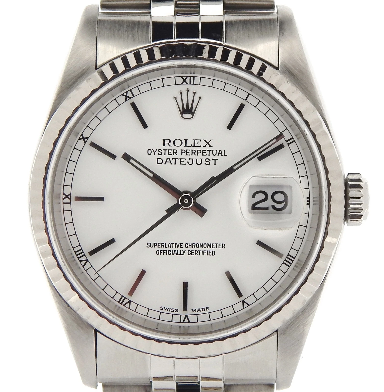 Rolex — Rolex Datejust Mens Stainless Steel 18K White Gold Jubilee White No Holes 16234