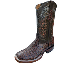 MEN'S COWBOY CAIMAN PRINT SQUARE TOE PULL ON BOOT - Handmade in Mexico - Cognac