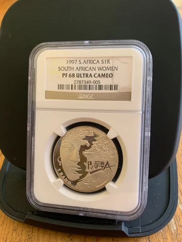 South Africa 1997 Protea Proof Silver Rand. NGC graded Women.