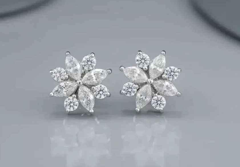 2.00Ct Marquise Cut Simulated Diamond 14K White Gold Plated Flower Stud Earring