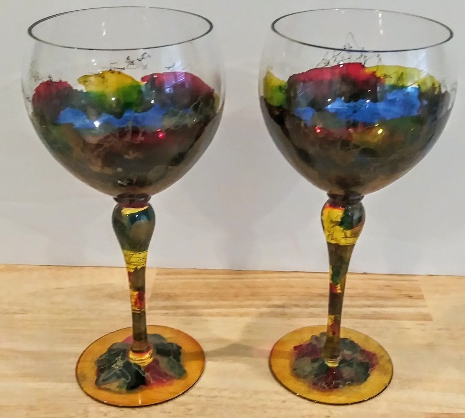 MONARCH MONACO Art Glass CRYSTAL 2 BALLOON WINE GLASSES Hand Painted