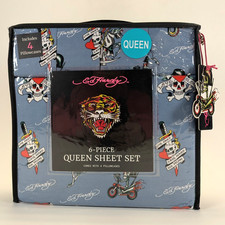 Ed Hardy Blue Queen Sheet Set 6-Piece w/ 4 Pillowcases - NEW - Skull Hearts