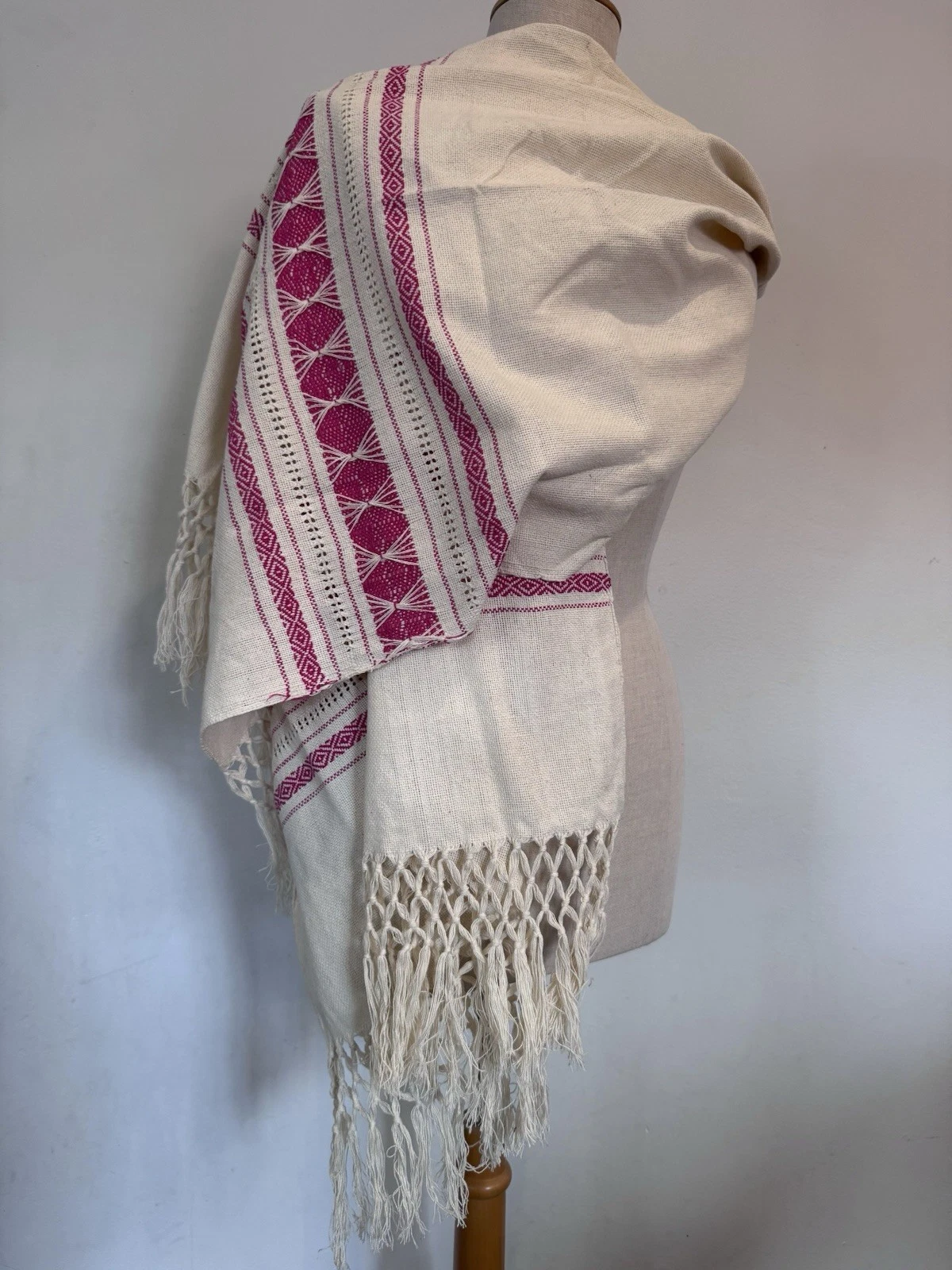 Mexican Rebozo Michoacan Natural White Pink Deshilado Blanco Natural Wrap Shawl