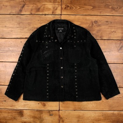 Vintage Robert Louis Wildlederjacke 3XL Herren 90er schwarz gefüttert Nieten Western Biker
