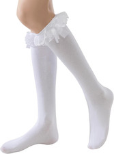 Women Girl'S Fashion Knee High Socks with Bow Lace Ruffle Trim Cute Cotton Socks