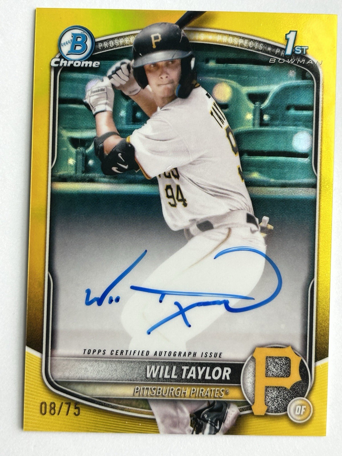 2025 Bowman Chrome #CPA-WT WILL TAYLOR 1st Prospect Yellow Refractor Auto /75
