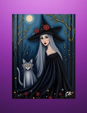 Silver Witch & Gray Cat ACEO | Folk Art Moon Forest | Gothic Horror Card Signed