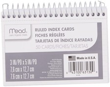 Index Cards, 3" x 5", Ruled Front, Blank Back, 50 Cards, White 63130