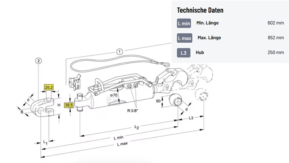 Walterscheid Hydraulischer Oberlenker Haken mit Kugel Kat.3/2, Ø70mm - Bild 3 von 3