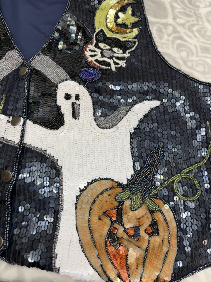 Chaleco de Halloween de Colección The Quacker Factory Lentejuelas 1X Fantasma Calabazas Luna Gato Negro Foto 3 de 4