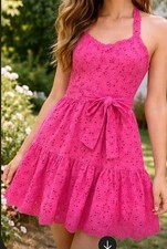 NetWork Pink Eyelet Embroidered Sleeveless Belted Women's Sundress