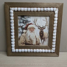 Christmas Winter Beaded Art Print Wall Decor Shelf Sitter - Santa Reindeer