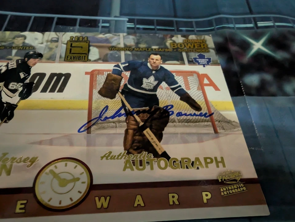 Camiseta deportiva usada NHL 2003 Pacific Exhibit Mario Lemieux, tarjeta firmada por Johnny Bower HOF Foto 2 de 4