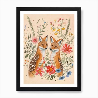 Folksy Floral Tier Zeichnung Kojote gerahmtes Wandbild Poster Leinwanddruck Bild