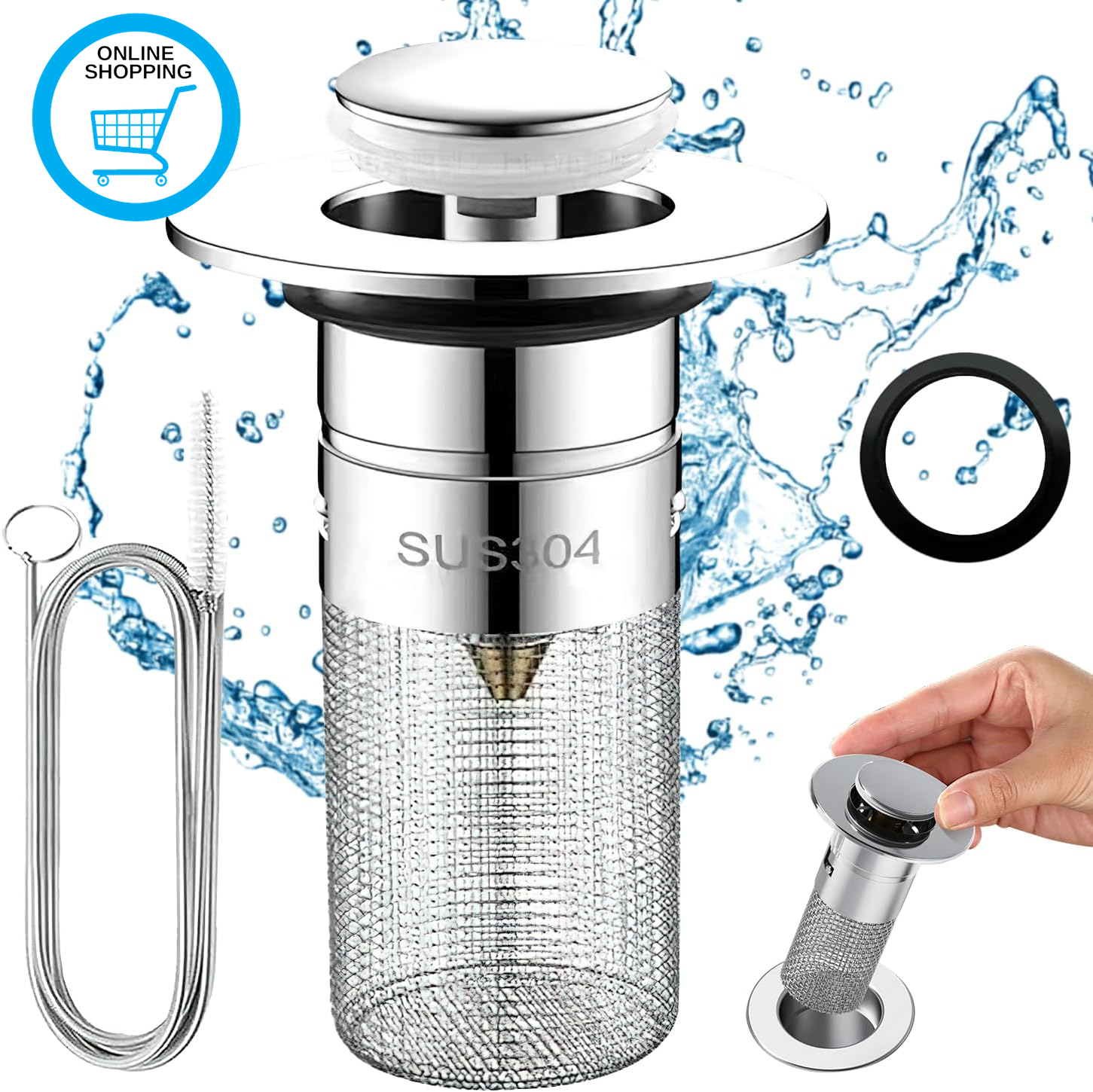 Plugs for Wash Basins, Brass Pop up Drain Stopper with Strainer and Hose Cleanin