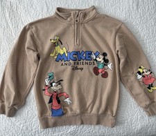 HM Disney Child  s Tan Fleece Pullover Sweatshirt Mickey Minnie Goofy Pluto 6X/7