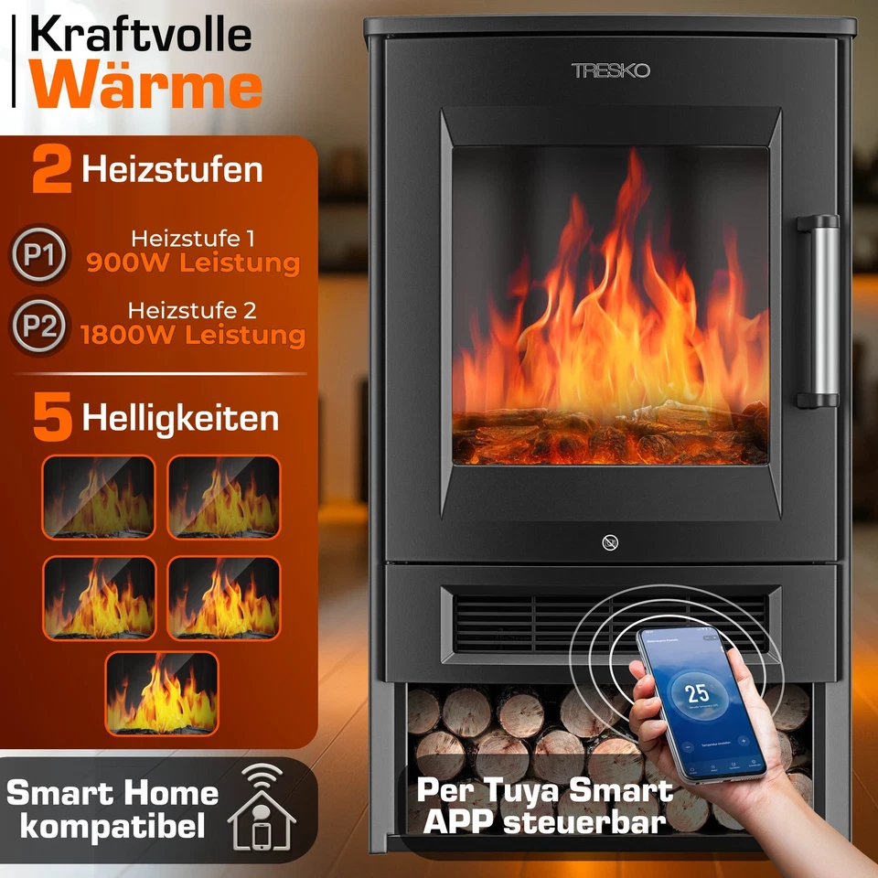 TRESKO® Elektrokamin mit Heizung Elektrischer Kamin LED Standkamin Heizlüfter - Bild 4 von 4