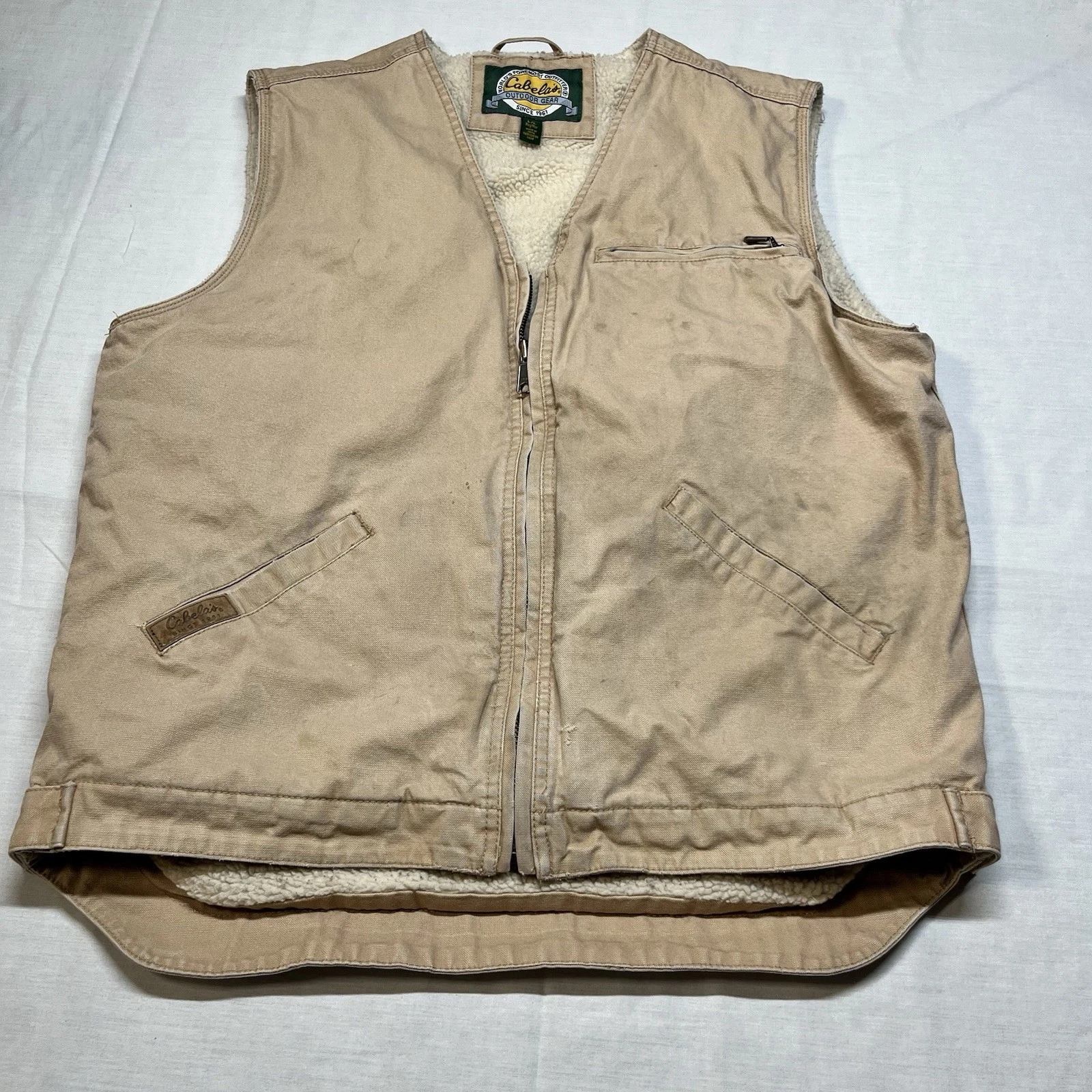 Cabelas Vest Large Beige Tan Canvas Sherpa Lined Workwear Jacket Distressed