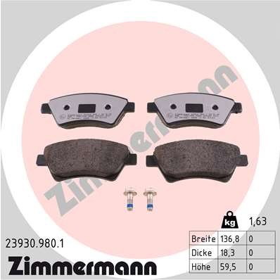 Front Axle Zimmermann 23930.980.1 Brake Pad Set, Disc Brake for Renault