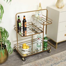 Gold Vintage Printed Glass 3 Tier Drinks Trolley with Wheels bar cart barware