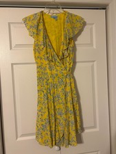 DRAPER JAMES RSVP Sz L Yellow w/ Blue Flowers Sleeveless Ruffle Wrap Dress Lined