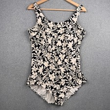 Lands End Swimsuit Womens 16 Black White Floral Scoop One Piece Beach Travel