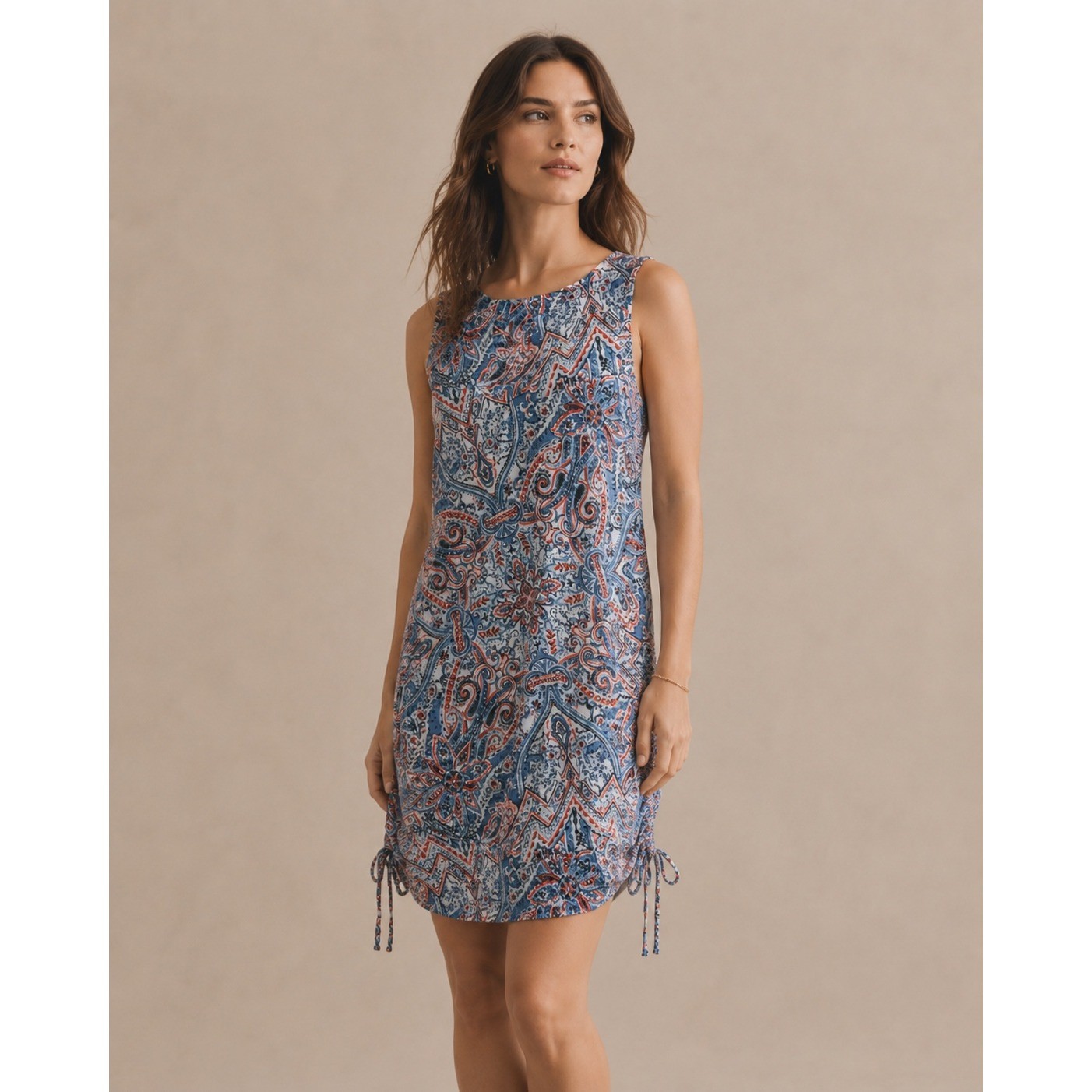 T by Talbots Womens Blue Red Paisley Sleeveless Drawstring Shift Dress S NWT