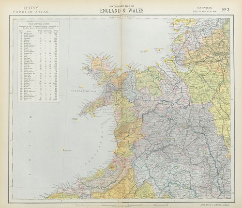 NORTHWEST ENGLAND & NORTH WALES WATERSHEDS & Lighthouses. LETTS 1883 old map