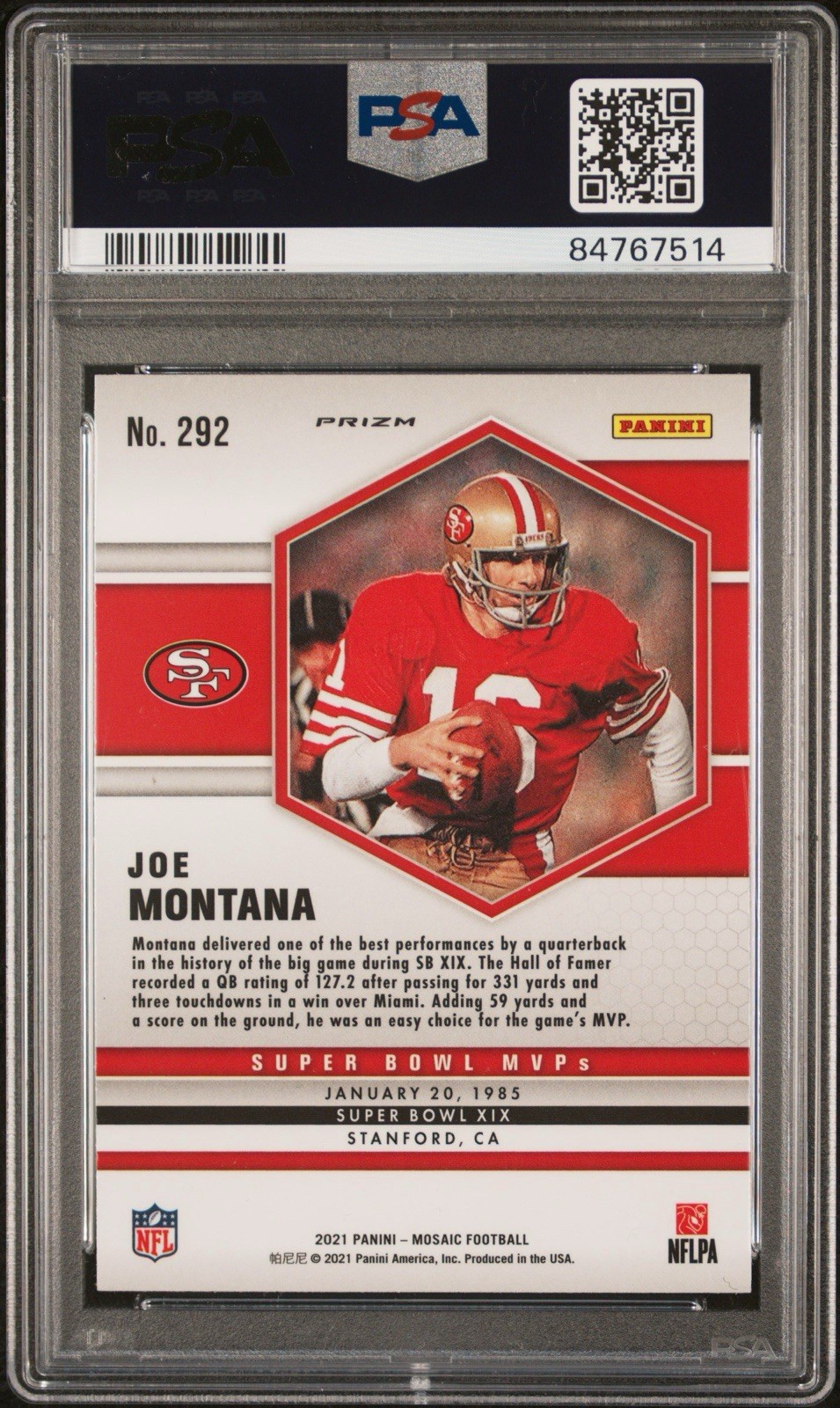 Joe Montana 2021 Panini Mosaic #292 Prizm Reactive Yellow PSA 4 HOF view 2