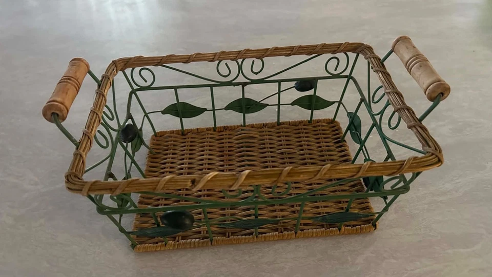 🌿 Corbeille provençale Métal & osier motifs olives Déco cuisine champêtre - Photo 4/4