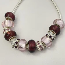 European Murano Style Pink Burgundy Glass Beads With Silver Charms Set Of 12