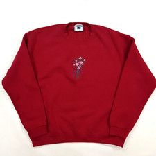 Vintage Embroidered Flower Size L Red USA Crewneck Sweatshirt Nature Pullover