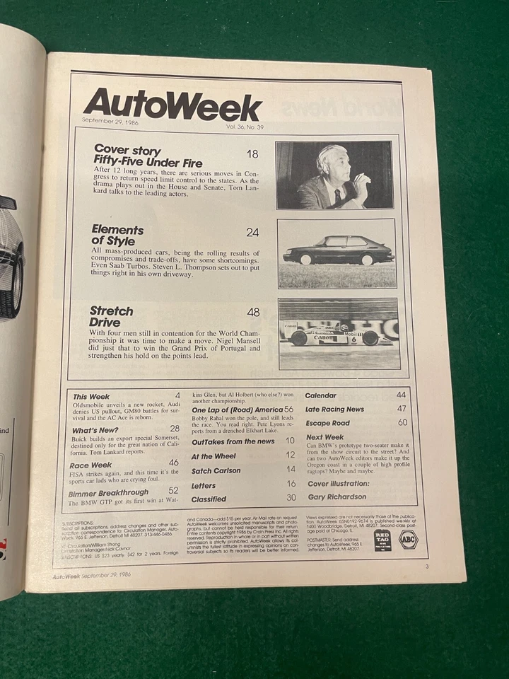 AUTOWEEK SEP 1986 SAAB TURBOS 55 UNDER FIRE OLDSMOBILE NEW ROCKET QUAD 4 - Image 2 of 3