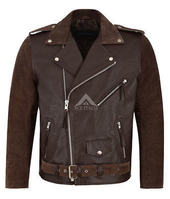 Men's Brando Real Leather Jacket Brown 100% Hide & Suede Classic Biker Style MBF